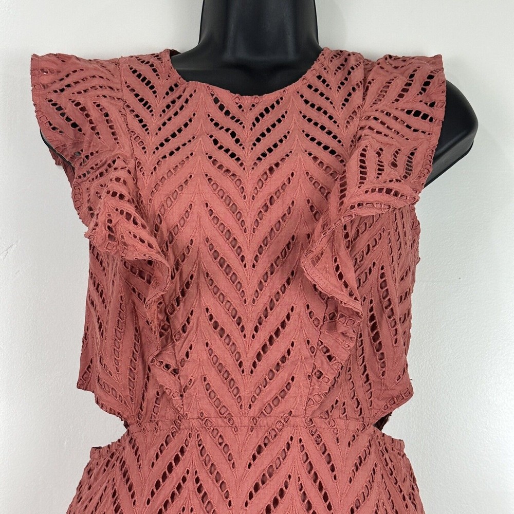 Revolve Bardot Aria Eyelet Cutout Short Dress Ruffle Moroccan Rose US S Uk10 - Picture 7 of 16
